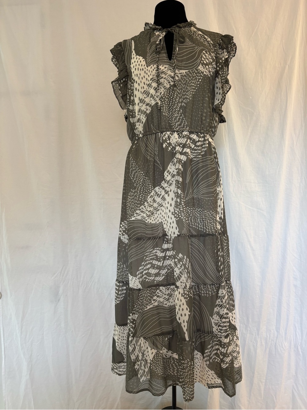 Dex XL Abstract Print Tiered Ruffle Sleeve Midi Dress Boho Neutral Flowy